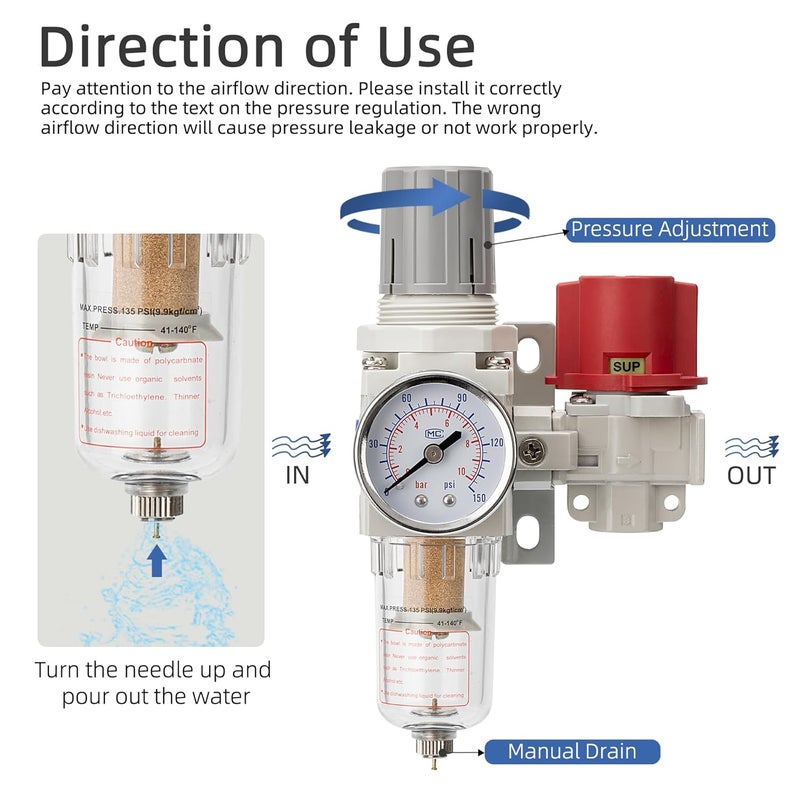 LNCHKA Pneumatic Air Compressor Filter Regulator Combo 1/4" NPT 0-150 PSI,Pressure relief 3 port valve,Manual Drain,5 Micron Brass Element - Image 5